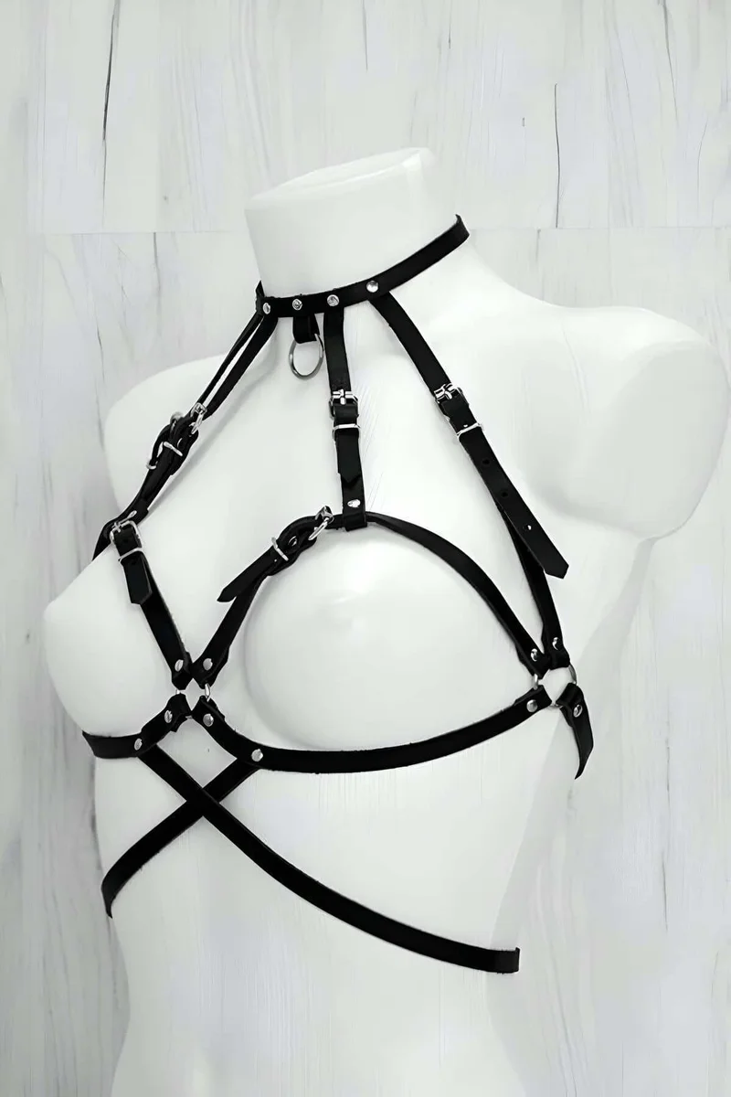 Black vegan leather chest harness