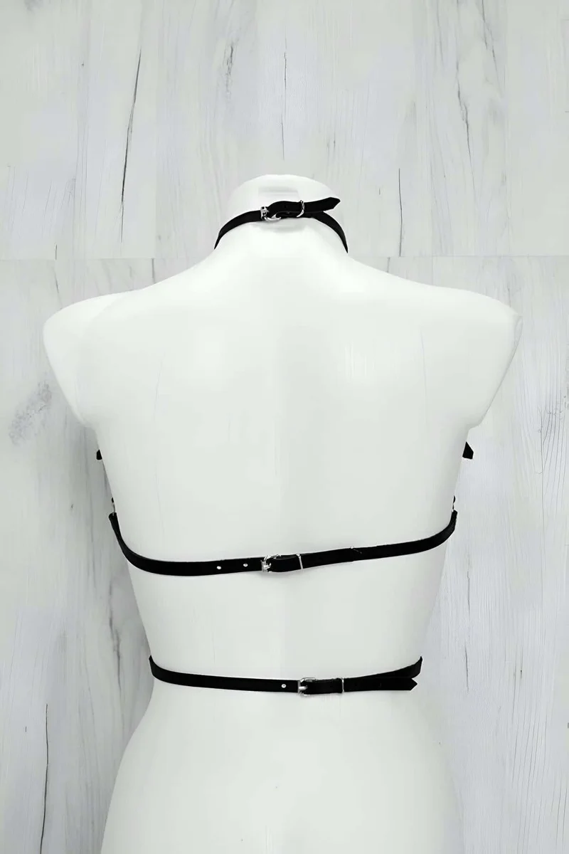 Adjustable black faux leather chest harness
