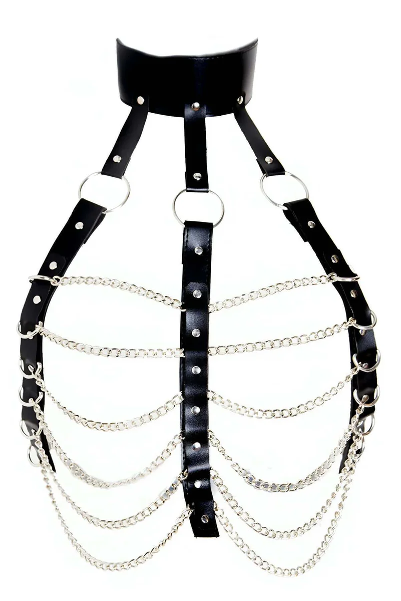 Faux Leather Chain Harness black and silver