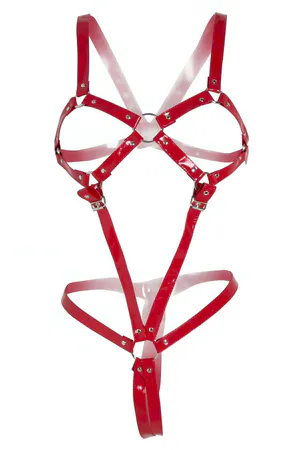 Red Glossy Faux Leather Strappy Body Harness Men O-Ring Adjustable