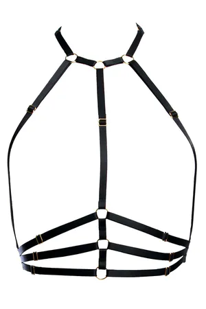 Black Elastic Chest Harness Women Gold O-Rings Adjustable Straps