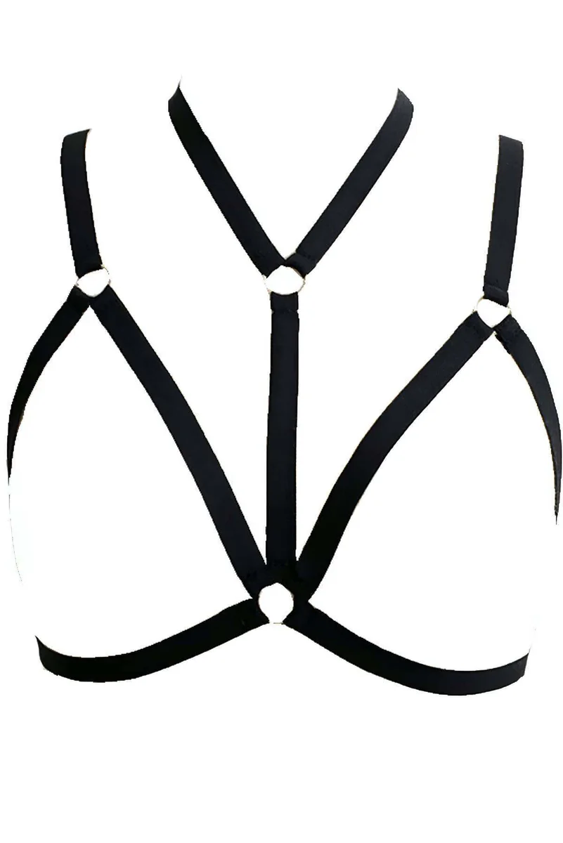 Black minimalist strappy chest harness with silver