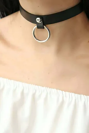 Black Faux Leather Choker Necklace with Silver O-Ring on Model