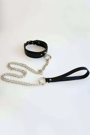 Black Faux Leather Choker Collar Women Detachable Chain Silver O-Ring