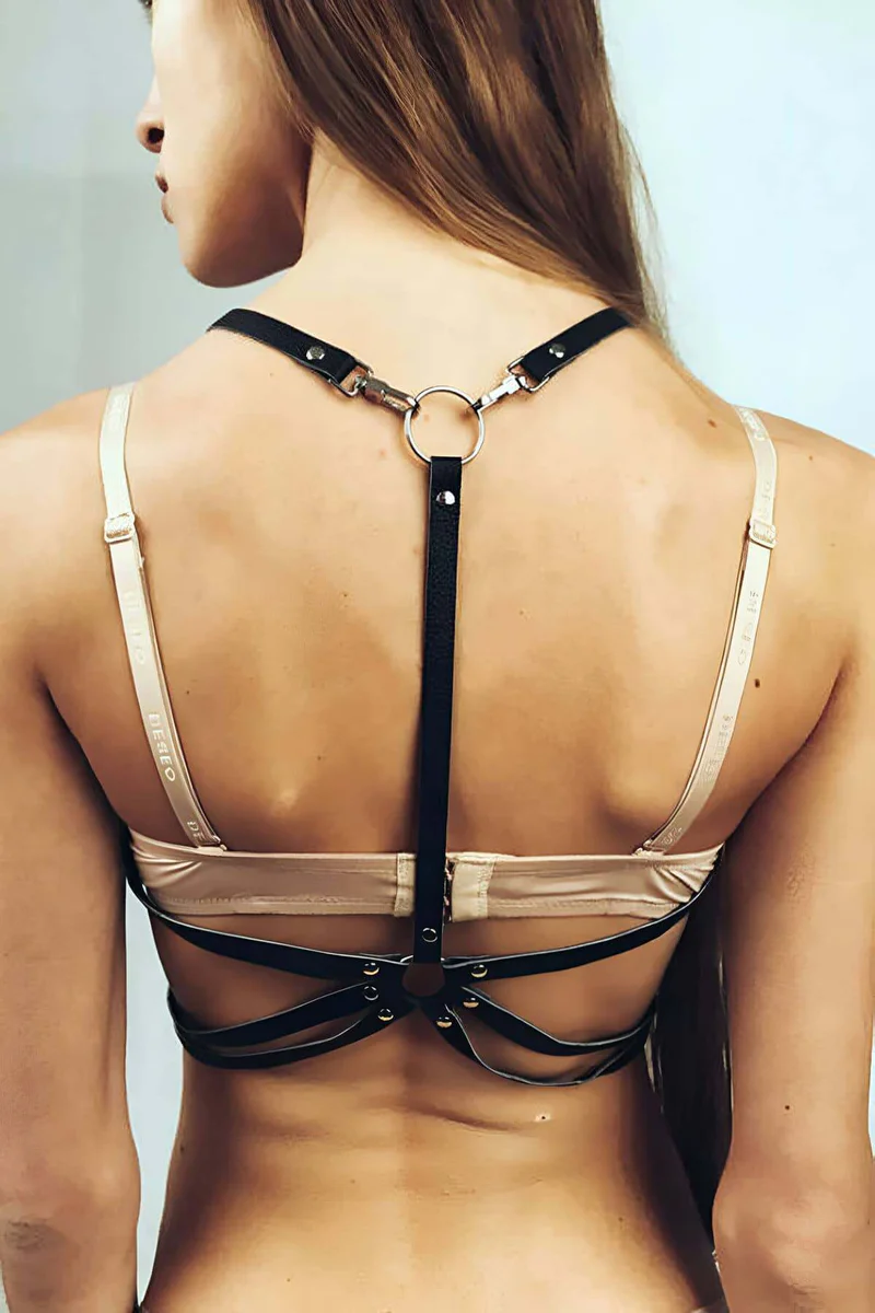 Black Faux Leather Chest Harness Star Design Detail with O-Ring and Chain