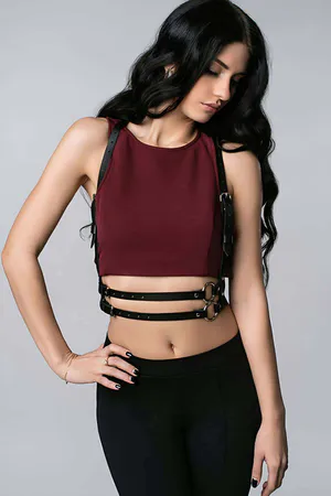 Black Faux Leather Body Harness with Double O-Rings and Adjustable Straps