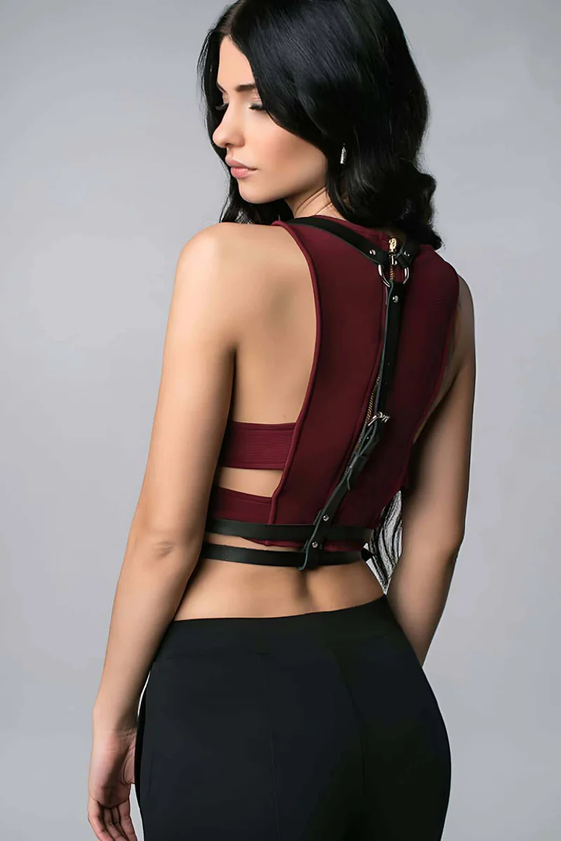 Side view of adjustable faux leather body harness straps with double O-rings