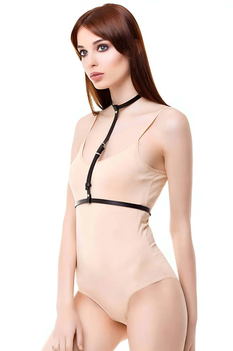 Black Faux Leather Body Harness Detail Silver Buckle