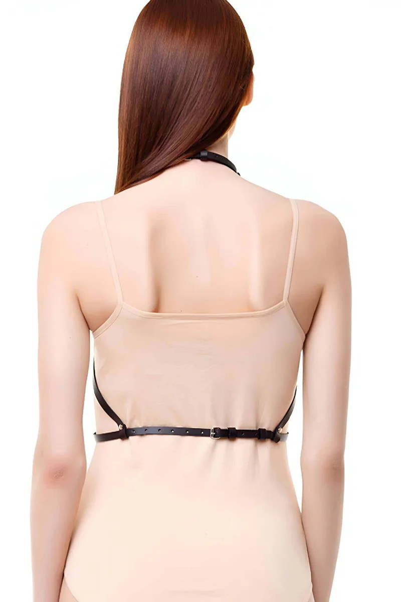 Black faux leather star chest harness back view close-up