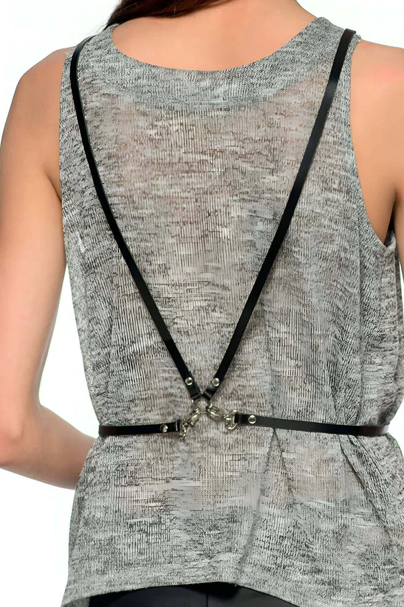 Black geometric faux leather harness back view with adjustable straps