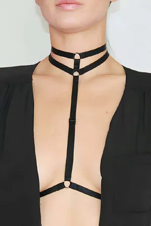Black double strap choker body harness with O-ring detail