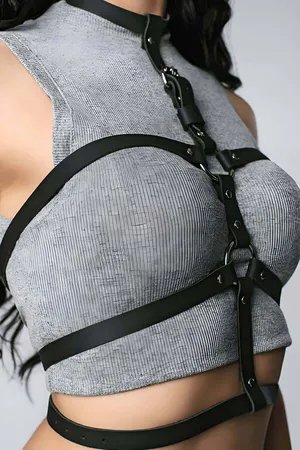 Black Faux Leather Strappy Body Harness with O-Ring