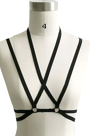 Black Strappy Chest Harness Minimalist O-Ring Vegan Leather