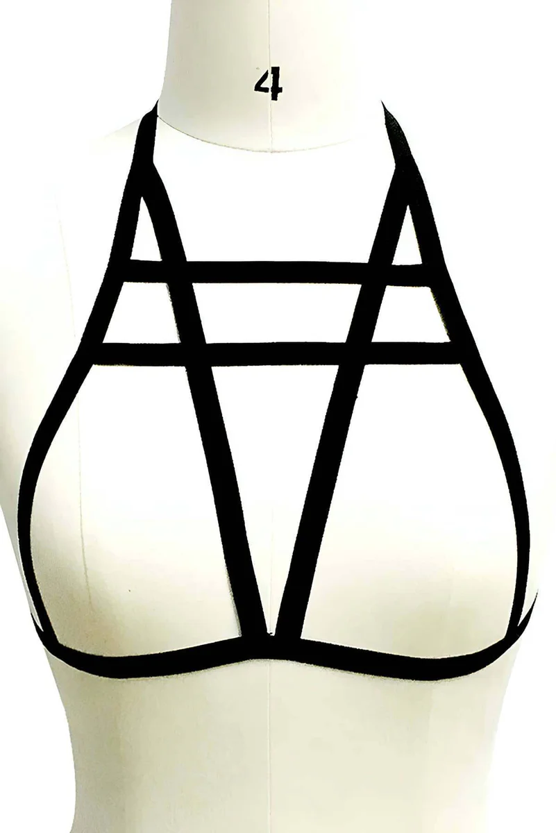 Close-up of adjustable buckle on black body harness