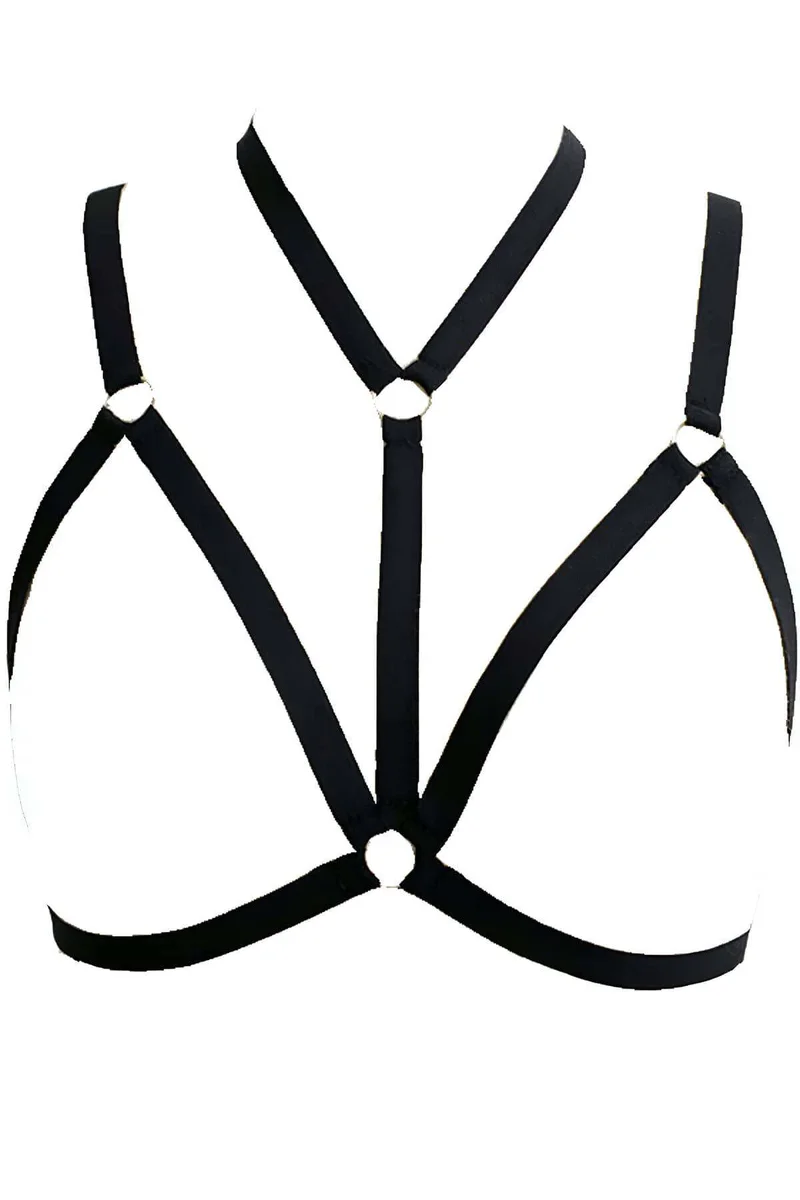 Black chest harness with dual silver O-ring accents at neckline and bust