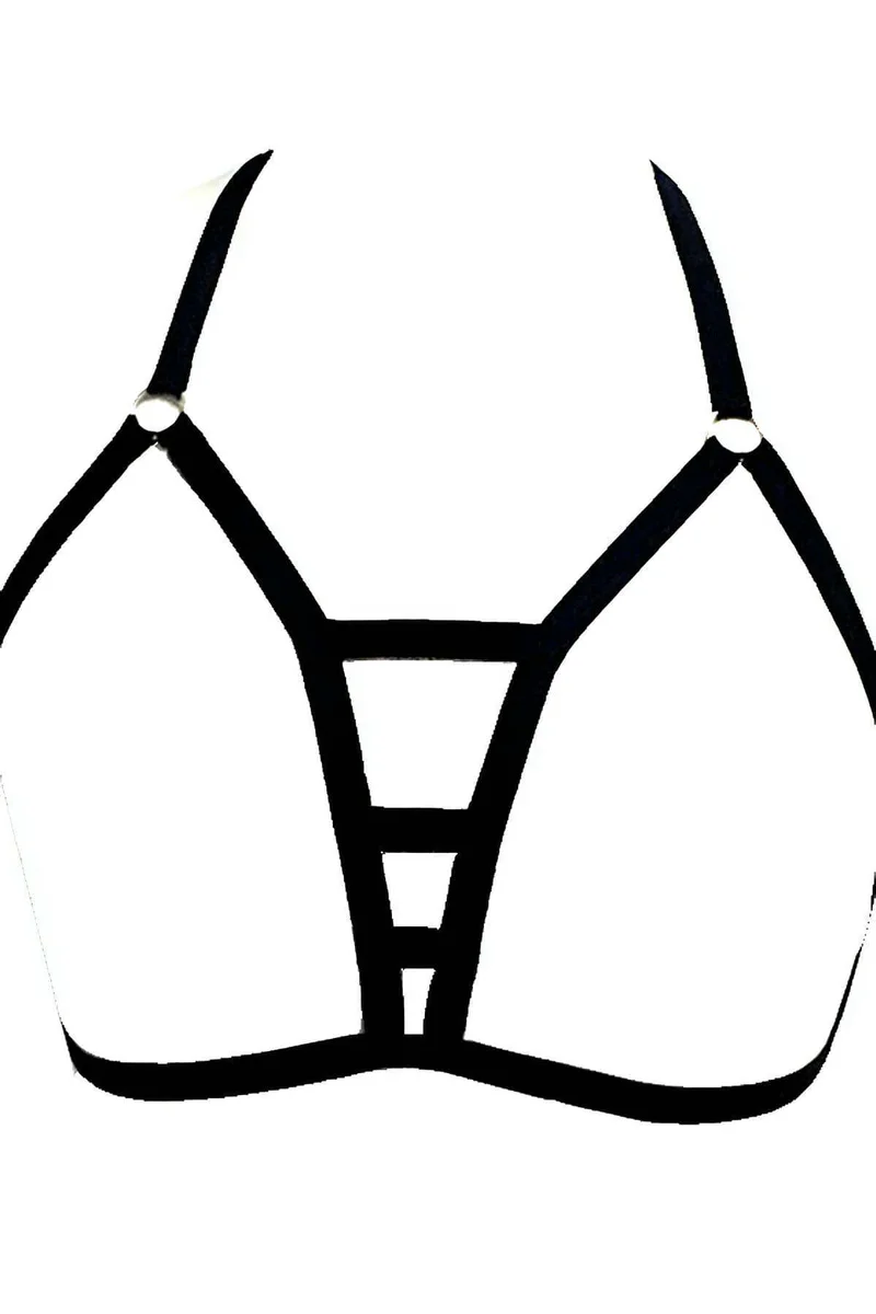 Black strappy body harness with O-ring accents and horizontal chest straps