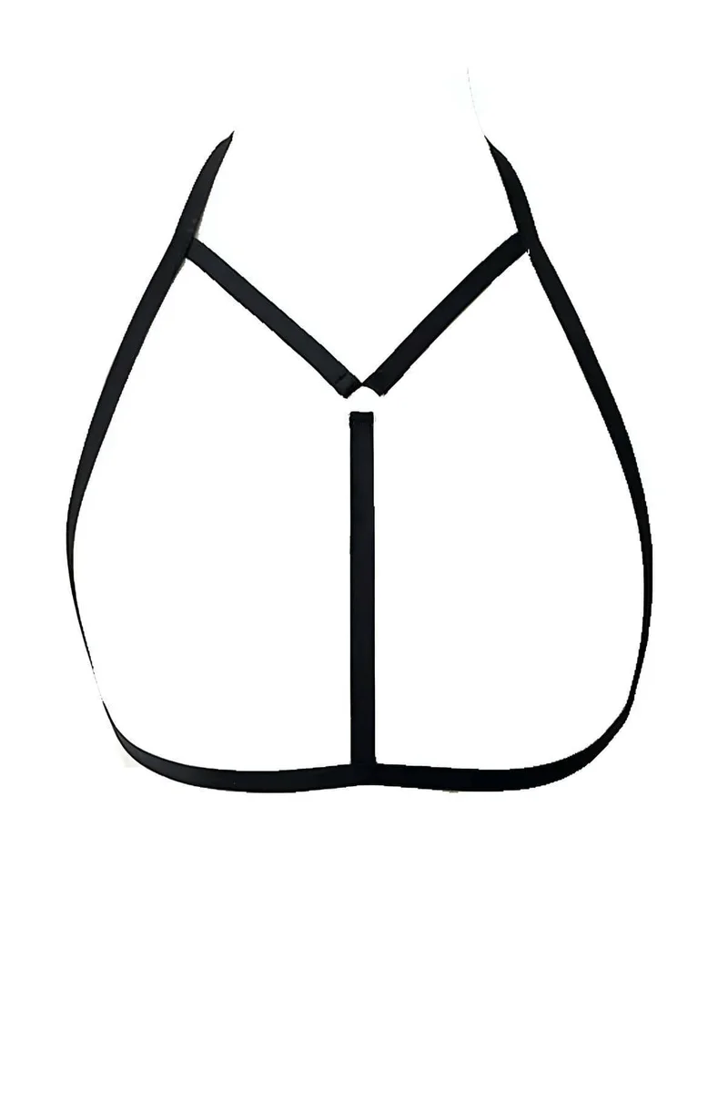 Side view of black faux leather strappy cage bra fit
