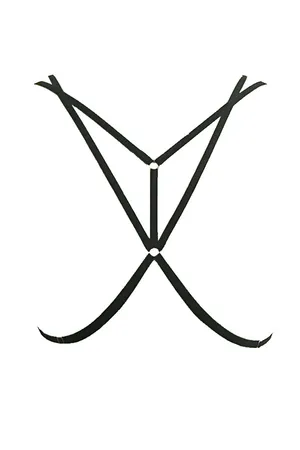 Black strappy body harness with central O-ring detail