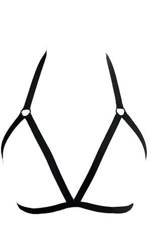 Black faux leather strappy chest harness with O-ring detail
