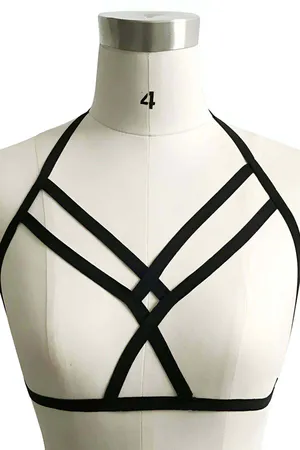Black vegan leather strappy chest harness with adjustable straps