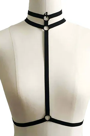 Black faux leather choker neck body harness with gold O-ring