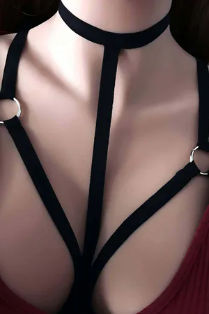 Black vegan leather strappy body harness with choker neck detail