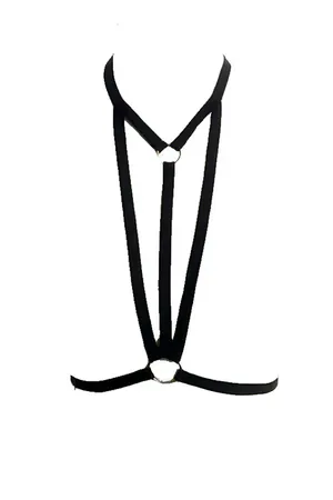 Black minimalist chest harness with O-ring detail and strappy design