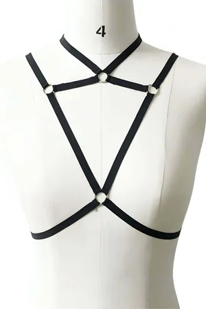 Black elastic choker chest harness with silver O-ring accents
