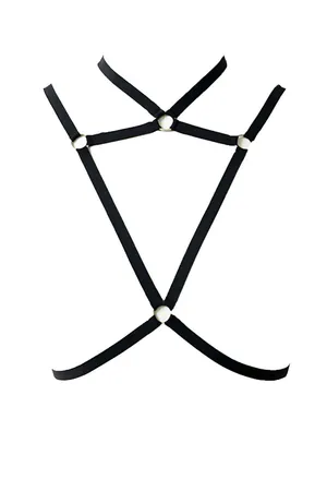 Black elastic choker chest harness with silver O-ring accents