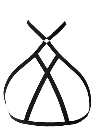 Black strappy O-ring body harness worn on a model
