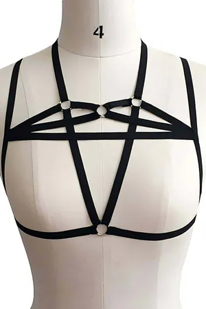 Black faux leather starburst body harness with silver O-rings