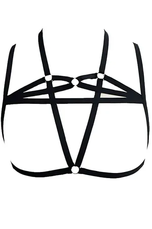 Black faux leather starburst body harness with silver O-rings