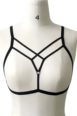 Black strappy V-neck body harness with O-ring accent