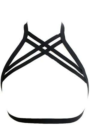 Black vegan leather strappy lattice back harness bra