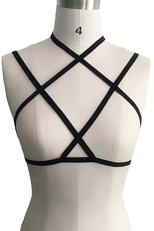Black Strappy Cage Halter Body Harness for Women Adjustable Fit