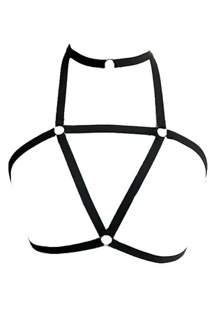 Black strappy body harness with O-ring choker detail