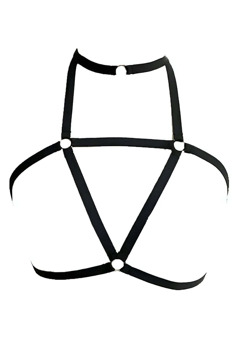 Strappy black chest harness with visible O-rings and choker detail