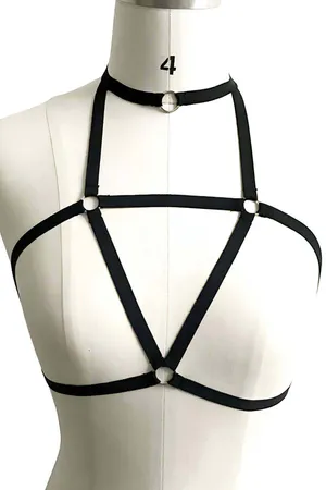 Black strappy body harness with O-ring choker detail