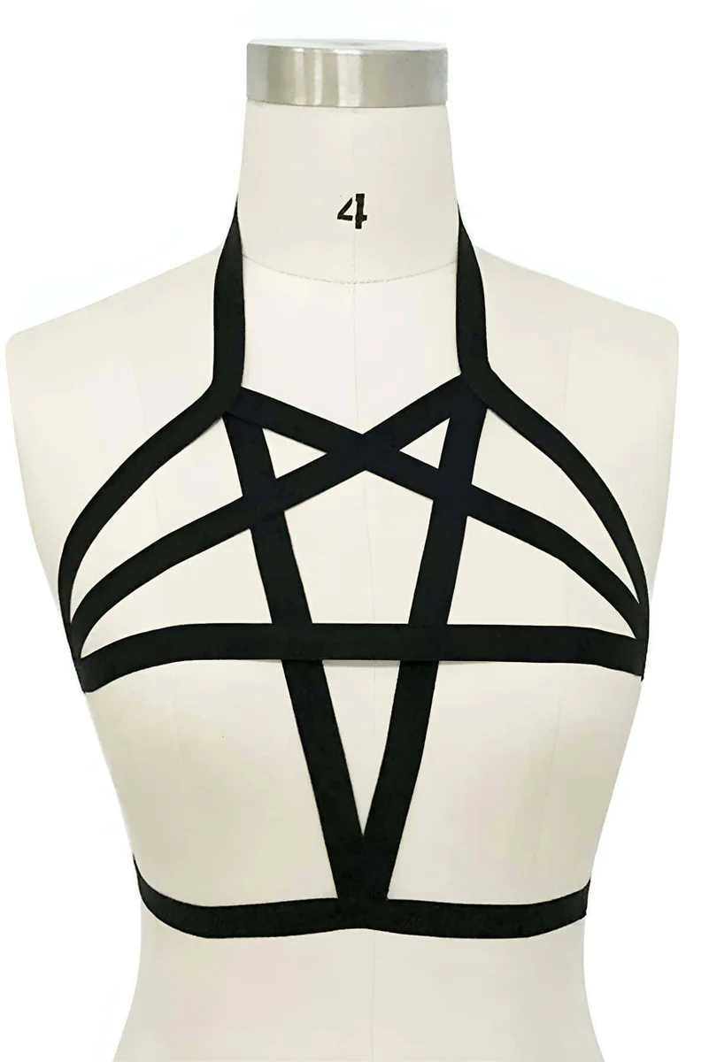 Black strappy star harness showing adjustable shoulder straps
