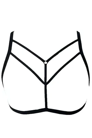 Black minimalist strappy O-ring body harness worn over a black top