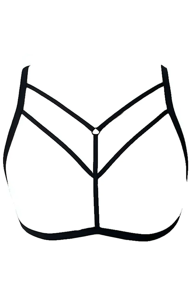 Black minimalist body harness with O-ring detail and crisscross straps