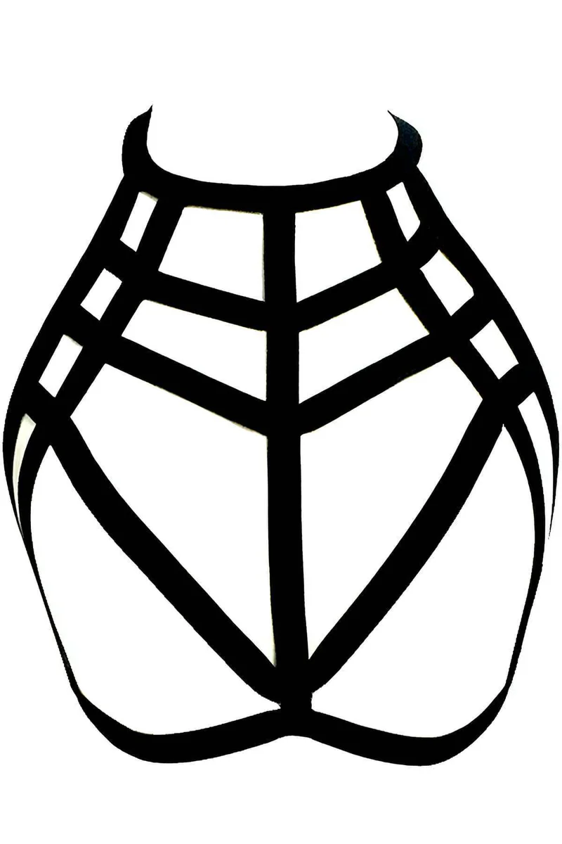 Black geometric harness straps detailing on chest and neck