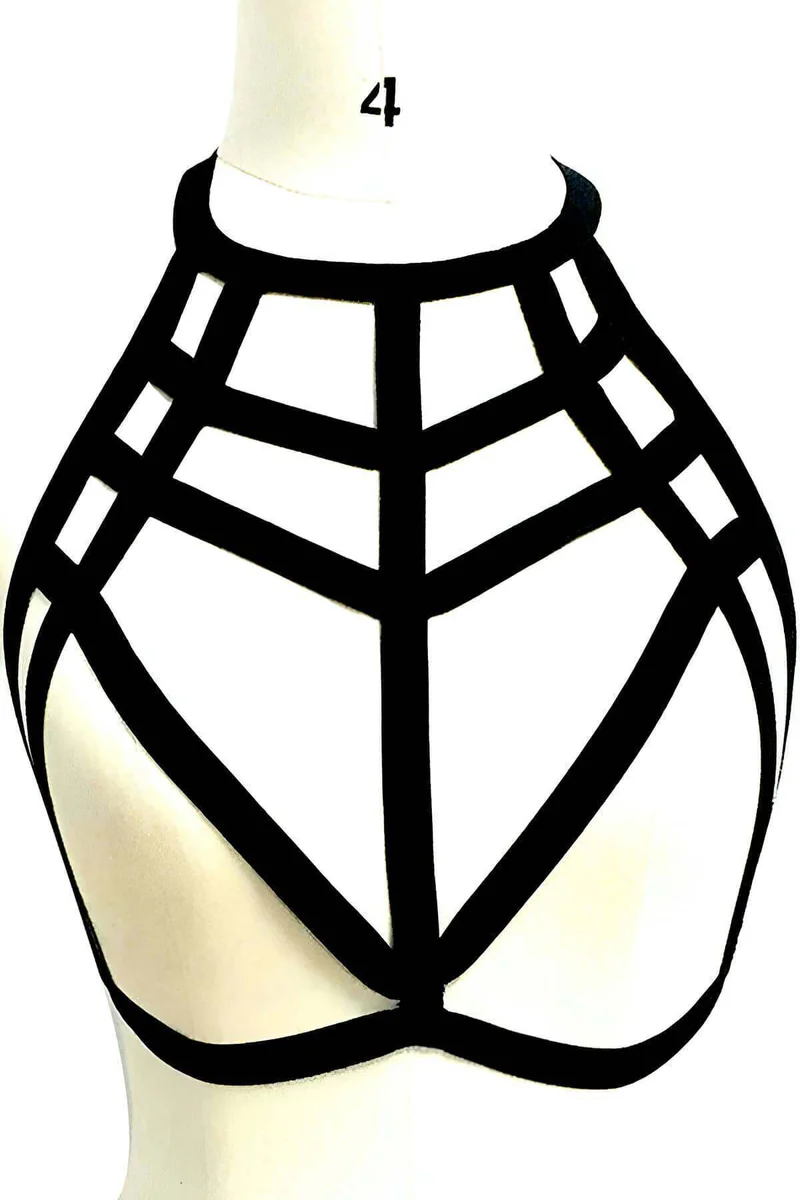 Side view of geometric black chest harness with strappy detail