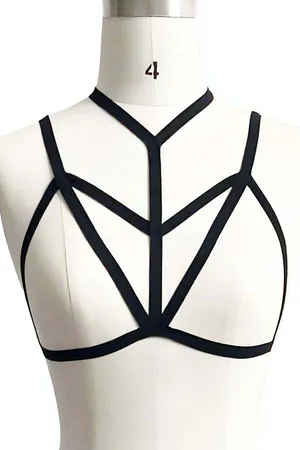 Black Strappy Caged Body Harness with Adjustable Faux Leather Straps