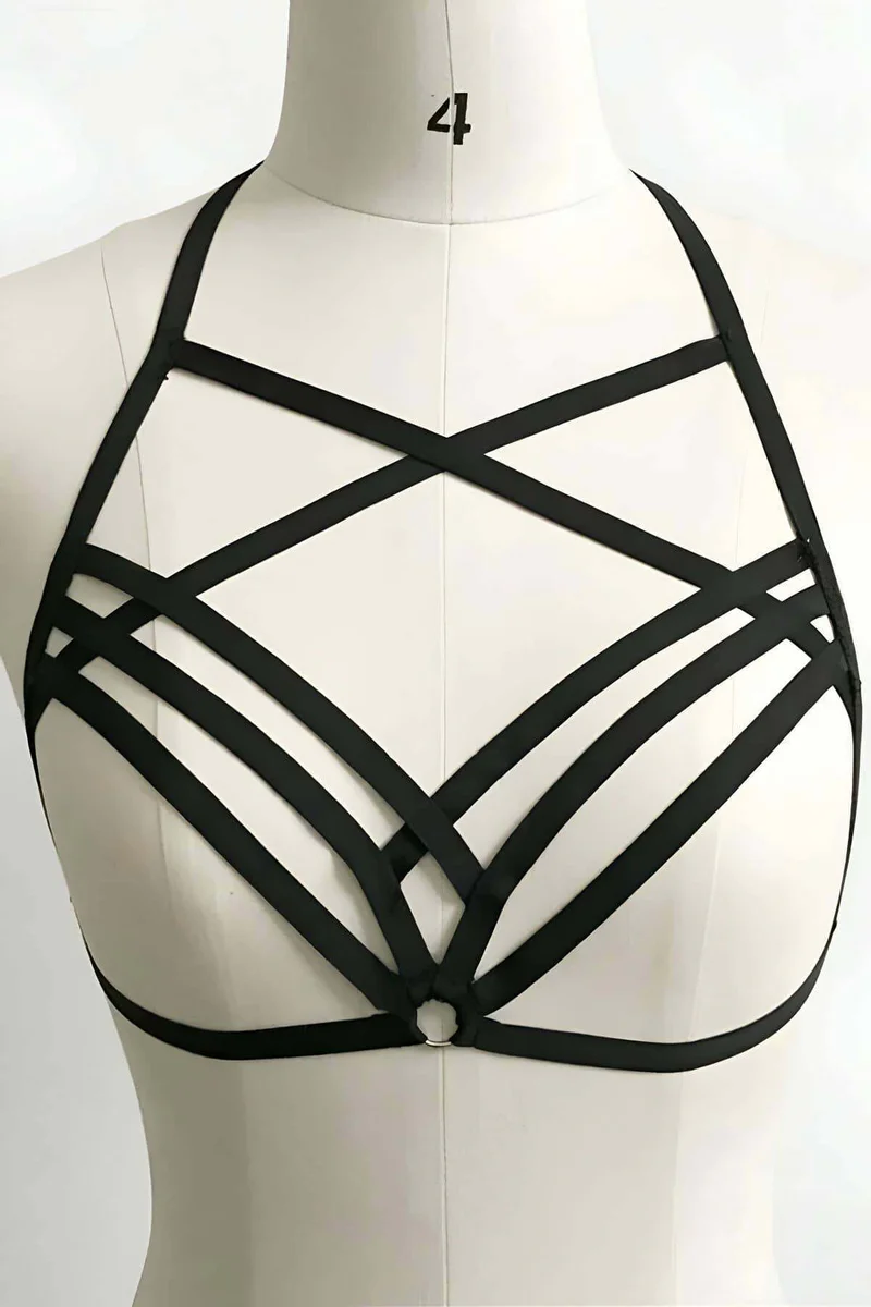 Black criss-cross body harness with ring detail and adjustable straps
