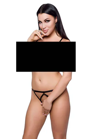 Black Strappy Open Crotch Thong Panties Gold O-Ring Detail