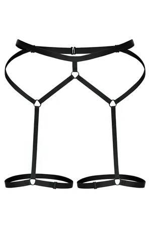 Black vegan leather strappy body harness with choker and adjustable garter straps