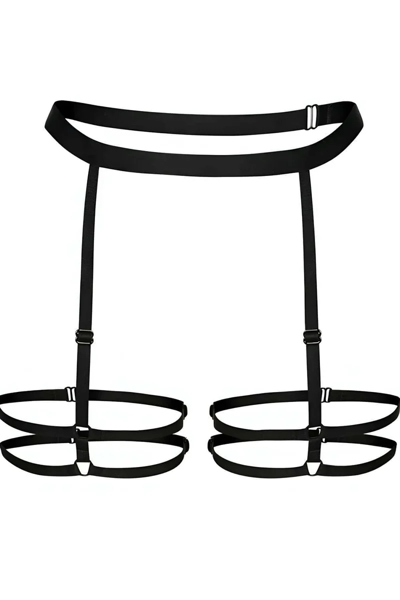 Black adjustable strappy leg harness with double metal rings