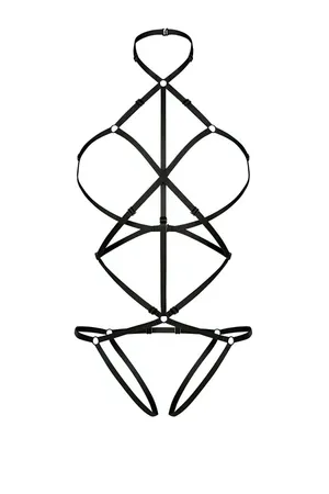 Black Strappy Caged Body Harness Lingerie with Adjustable Vegan Leather Straps