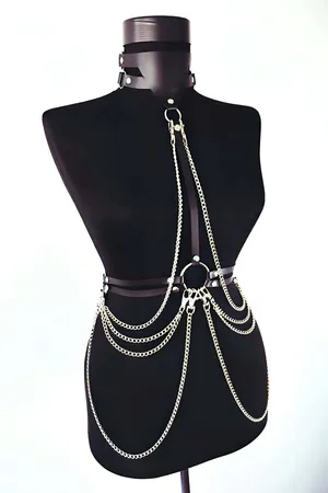 Black faux leather body harness with choker and silver chains